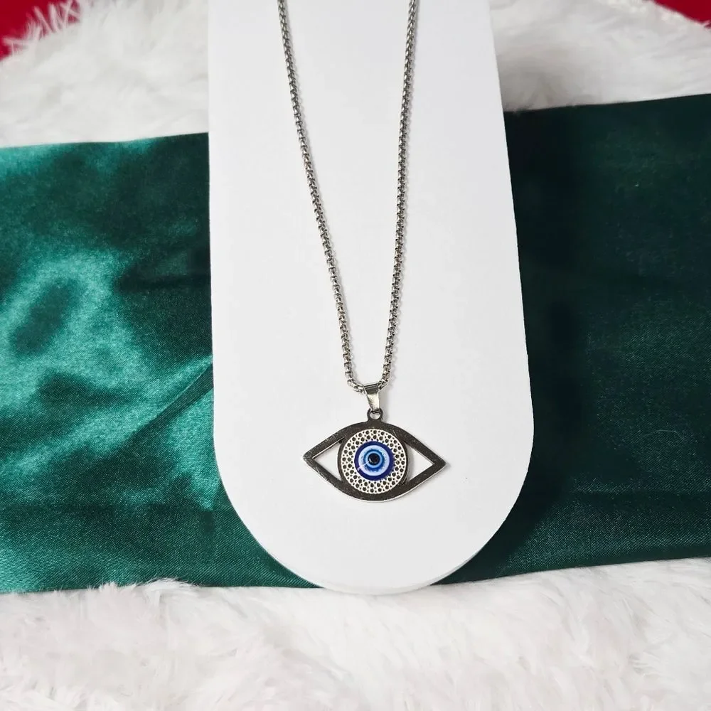 Hamsa Blue Evil Eye Pendant Necklace 24” Silver Stainless Steel Turkish Nazar